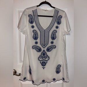 Solitaire White Tunic with Blue Embroidery Small